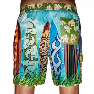 Trunkers Surf N Safari TIKI LTD EDITION SWIM SHORTS Trunks Board Blue Brown Sz M